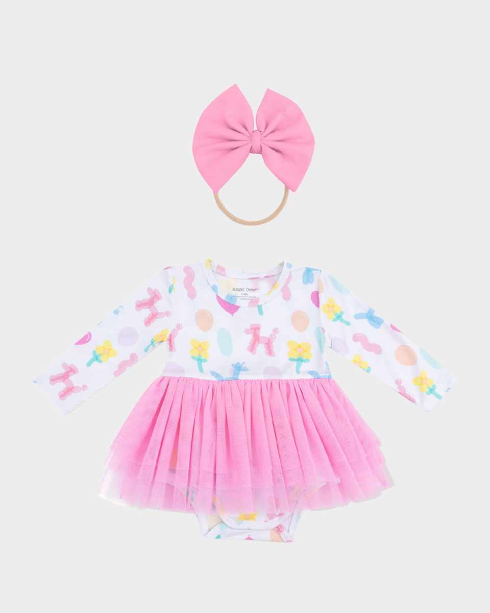 Girl's Balloon Animals Long-Sleeve Tutu Bodysuit and Headband Set, Size 3M-24